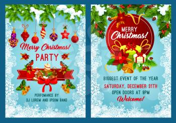 Christmas party invitation poster with New Year garland and snowflake frame. Xmas tree and holly berry branch with gift, bell and candle, ball, cookie and ribbon banner for festive flyer design