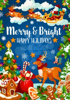 Christmas holiday greeting banner of Xmas and New Year celebration. Santa with gift in reindeer sleigh festive card with Christmas tree, holly, ball and candy, sock, candle, cookie, star and snow