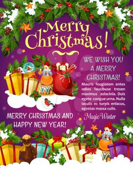Christmas winter holiday greeting poster for New Year celebration design. Santa gift bag with present, snow, ribbon and candy banner, adorned by Xmas tree and holly garland, star, snowflake and toy