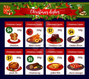 Christmas cuisine menu card of winter holiday festive dinner. Xmas turkey or chicken, fruit cake, cookie and pie, sweet bread, fish and sausage price list, decorated by Xmas garland with ribbon banner