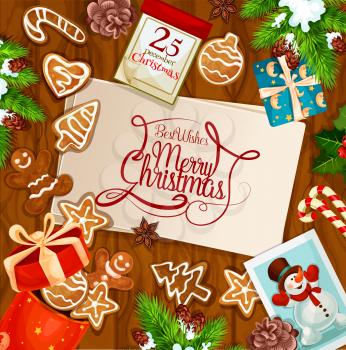 Christmas cookie and Santa gift on wooden background greeting card. Xmas present box and gingerbread man, fir and holly berry branch, candy, calendar and snowman for winter holiday celebration design