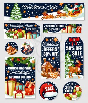 Christmas season sale tag and winter holidays special offer banner. New Year gift, Xmas tree and Santa sleigh, star, snowflake and candy, sock, cookie, hat and reindeer for discount promotion design