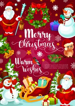 Merry Christmas banner with Xmas gift in Santa sleigh. Christmas wreath of holly and pine tree with ribbon, bell and present, Santa Claus, snowman and snowflake festive poster with greeting wishes