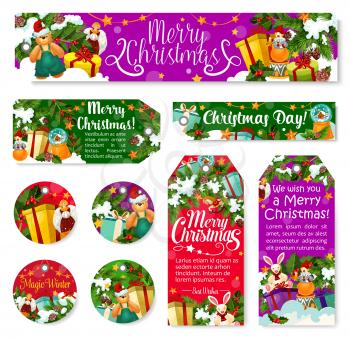 Christmas winter holiday tag of New Year gift. Xmas tree and holly branch with Santa present, snow and star, ribbon bow, snowflake and toy with wishes of Merry Christmas for Xmas themes design