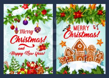 Christmas cookie and New Year holidays garland greeting card. Xmas tree, gift, gingerbread house, star and candy, holly berry and pine branch with ball and poinsettia poster set with snowflake frame