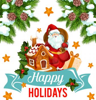 Christmas holiday greeting card with Santa and Xmas gift. Santa Claus with present and gingerbread house, holly berry and pine tree with snow, star and ribbon banner for New Year celebration design