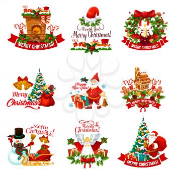 Christmas holiday badge for New Year celebration decoration. Santa Claus with Xmas tree, gift and snowman, holly wreath, bell and present, red hat, candy, cookie and sock, framed with ribbon banner