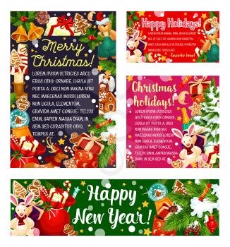 Christmas and New Year holiday gifts banner set. Xmas tree with present, snow, candy and ball greeting card, framed by holly, bell and sock, candle, cookie, star and snowflake with greetings in center