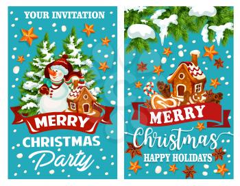 Merry Christmas wish template design for greeting card of Christmas tree decoration, snowman with Santa gift presents and gingerbread cookie house in snow. Vector Nye Year decoration of golden stars
