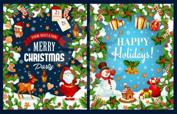 Merry Christmas greeting card of Santa with presents, reindeer and snowman for winter holiday design template. Vector New Year or Christmas tree golden bell decoration, and ribbon for seasonal wish
