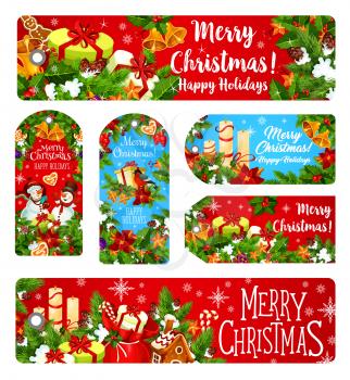 Merry Christmas greeting banners, Xmas wishes cards and tags for happy winter holidays celebration. Vector Christmas tree wreath garland, golden bell decoration, snowman and New Year Santa presents