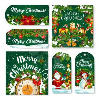 Christmas tag and label of winter holiday gift. Xmas tree with present, Santa and snowman, holly garland with bell, star and candle, New Year clock with snowflake and ribbon for greeting card design