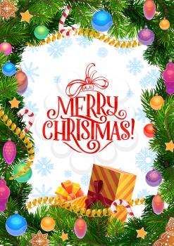 Merry Christmas greeting wish on snowflake pattern background in Xmas tree frame. Vector Santa present gift with Christmas holiday gingerbread cookie snowman and star, candy cane and snowflakes