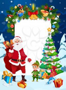 Christmas tree, Santa and elf vector greeting card with Xmas gifts garland and copy space. Claus with helper and red bag of New Year presents, bells, balls and lights, ribbons, bows and snowflakes