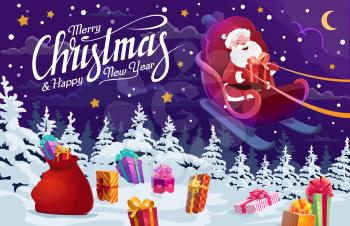 Santa delivering Christmas gifts on deer sleigh vector greeting card. Claus with red bag of New Year and winter holiday presents flying on reindeer sledge with snow forest and night sky on background