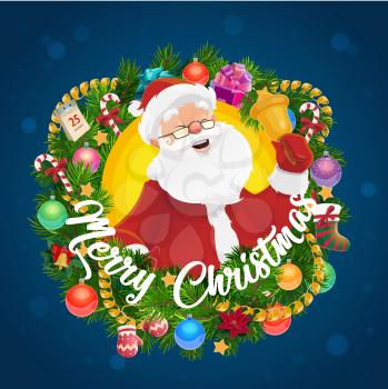 Santa with Christmas bell in frame of Xmas tree wreath vector greeting card. Claus in red hat and suit with New Year gifts, presents and stocking, ribbons, balls and calendar, winter holidays design