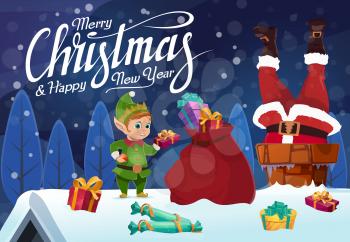 Santa stuck in chimney with Christmas gifts. Vector Claus on snowy roof with Xmas elf and red bag of New Year present boxes, Happy Winter holidays greeting card design