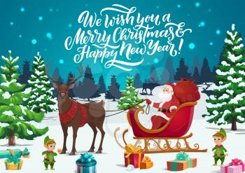Santa and elves delivering Christmas gifts on reindeer sleigh vector design. Claus with red bag of present boxes in snow sled greeting card with night forest trees and greeting wishes on background
