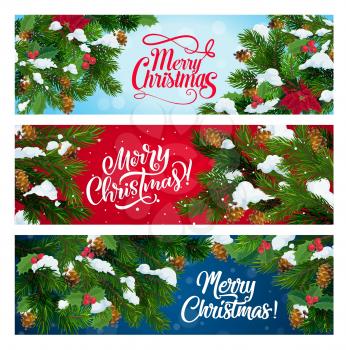 Merry Christmas vector banners with fir and pine tree branches, snowflakes, holly berry and poinsettia flowers, snow and pinecones. Xmas and New Year winter holidays greeting cards or labels design
