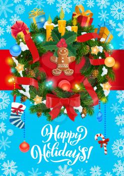 Happy holidays greeting of Merry Christmas Vector Christmas tree wreath decorations with candles, golden stars confetti, gingerbread man and Xmas gifts sock on snowflakes pattern