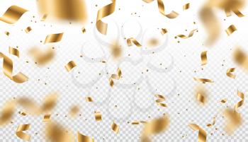 Golden serpentine streamers, confetti and ribbon swirls on transparent background. Vector design of Christmas and Birthday party, New Year carnival and anniversary decor with tinsel, glitter and stars
