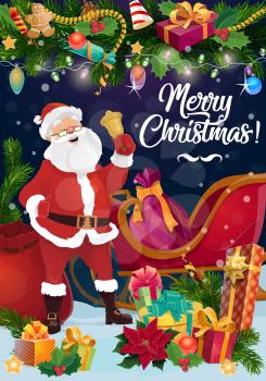 Santa with Christmas bell, Xmas gifts and sleigh vector design. Claus bag of presents, ribbon bows and gingerbread, winter holidays greeting card with New Year garland of pine branches, balls, lights