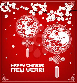 Chinese New Year animal zodiac rats and lanterns hanging on blooming plum branch. Vector horoscope mouse, white flowers and paper lamps, endless knots and tassels with oriental pattern on background