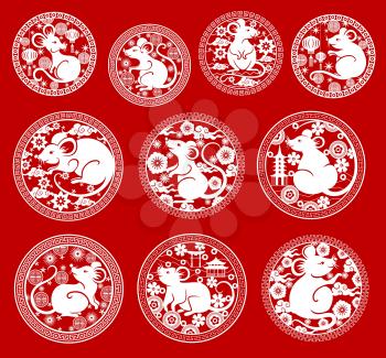 Chinese New Year rat vector icons. Mouse papercut symbols of animal zodiac or horoscope, Asian lanterns, pagodas and blooming plum flowers, coins and clouds with frames of oriental ornament
