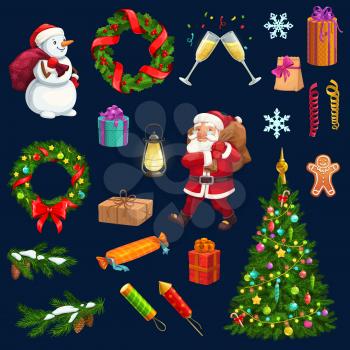Christmas vector icons of Xmas and New Year winter holidays design. Christmas tree, snowman and Santa with gift bags, candy, present boxes and snowflakes, wreath of pine and holly with balls, ribbons