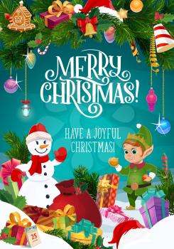 Christmas elf and snowman with Xmas gifts and wishes of Merry winter holidays vector greeting card. New Year garland of presents, Santa bag and red hat, bell, bows and balls, calendar, pine and holly