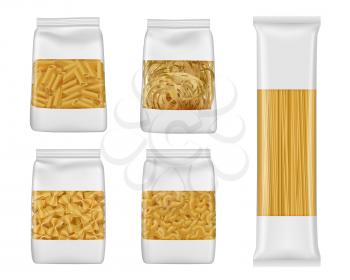 Pasta and Italian macaroni food package 3d vector mockups of foil and plastic bags with windows. Realistic templates of spaghetti, penne and farfalle, tagliatelle and elbow vermicelli packaging