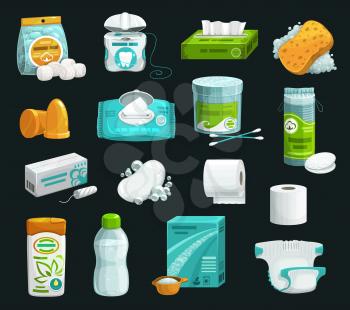Hygiene product icons of personal care. Vector shampoo, soap and sponge, cotton wool balls, pads and swabs, wet wipe, paper napkin and toilet paper, tampon, micellar water, washing powder and diaper