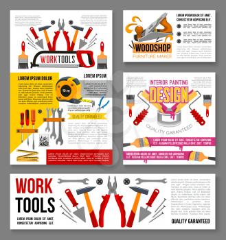Work tools posters and banners for home renovation shop, carpentry service and woodwork. Vector set of house repair screwdriver, grinder or saw and painting paintbrush toolbox or plastering trowel