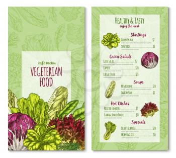 Salads and lettuce vegetables menu template for vegetarian cafe or restaurant. Vector price sketch design of chicory, radiccio or sorrel and pak choi, farm arugula or cabbage and oakleaf lettuce