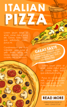 Pizza poster for Italian pizzeria restaurant of margherita or carbonara pizza slice with pepperoni sausage, mushroom or mozzarella cheese and soda drink fastfood menu. Vector sketch design template
