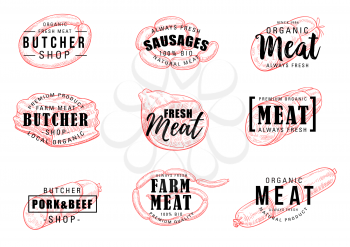 Meat shop icons with signs. Grocery market, butcher shop vector symbols of fresh veal and smoked pork, sausage and beef meatloaf, grilled wurst and salami from farm, ham and bbq with lettering