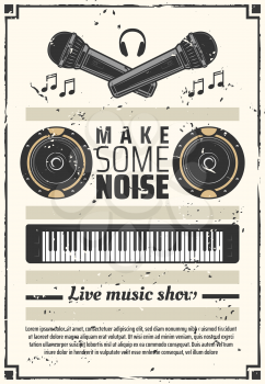 Live music show or festival retro poster musical instruments. Microphone and headphones, speakers and synthesizer keyboard generating and combining signals. Leaflet with notes and icons vector