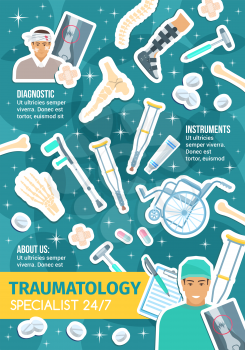 Traumatology and trauma surgery poster with traumatologist. Injured patient, x-ray of broken bone and medical boot for cast, vertebral column or wrist and foot, medical hammer and wheel chair vector
