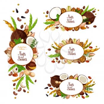 Nuts and beans icons and signs. Organic coconut, peanuts, pistachios and walnuts kernels. Vector vegan or vegetarian harvest, sunflower seeds, cashews or almonds and macadamia, peas and coffee vector