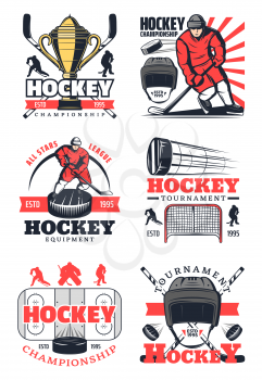 Hockey tournament icons of sport equipment, sporting signs. Gold trophy cup and player, puck and gates, ice rink and helmet retro symbols for professional sportsmen on skate, winter sport game vector