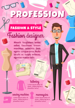 Fashion designer man or dressmaker profession tailoring poster. Vector dress or woman blouse on dummy. Mannequin, model of garment, fitting pattern. Threads with sewing machine and needle or scissors
