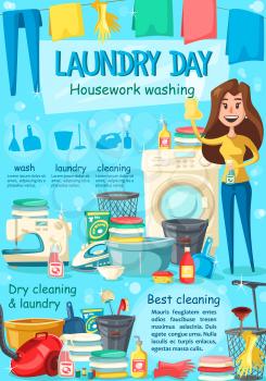 Laundry poster housewife and washing machine, detergent and fresh washed linen clothes. Vector housework washing and iron, vacuum cleaner and sewing machine, towels and mop with sponge, dry cleaning
