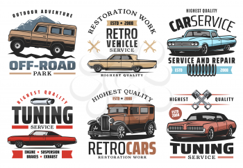 Car service tuning or restoration symbols for repairing garage. Off-road vehicle and outdoor adventure, retro transport restoration work and auto parts icons and signs with wrenches vector isolated