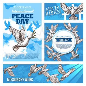 Peace day international holiday sketch banners with symbolic white doves. Pigeons as holy symbols for worldwide celebration and missionary works. Domestic or wild bird with spread broad wings vector
