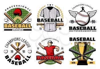 Baseball sporting heraldic symbols with crossed bats and balls, trophy cup and uniform, player and wings. Team game, sport items and prize on icons. Professionals club badges vector isolated