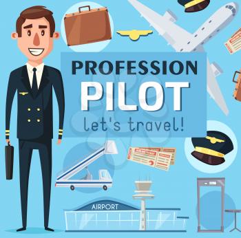 Pilot profession hiring poster man in uniform and airplane vector. Aircraft for flight, travel suitcase and captain cap, passenger ladder and security check scanner. Airport building and pass board
