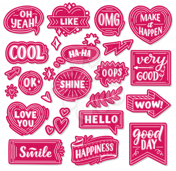 Pink paper stickers with phrases or words and exclamations. Heart-shaped, round and arrow tags with short statements girlish signs. Lettering cool and like, make it happen cards vector isolated