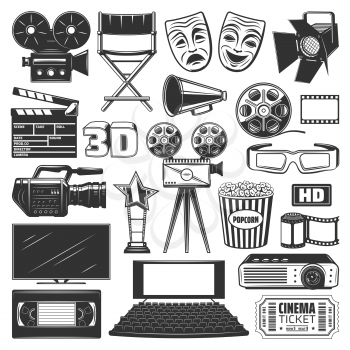 Cinema or movie production devices and equipment icons and signs. Camera and directors chair, projector and clapperboard, film reel and 3D glasses, popcorn and screen or TV, cassette and ticket vector
