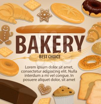 Bread poster for bakery shop or patisserie. Vector wheat bagel, rye croissant or ciabatta and cereal donut with chocolate, gingerbread cookie or muffin, pita bread and toasts for baked pastry store