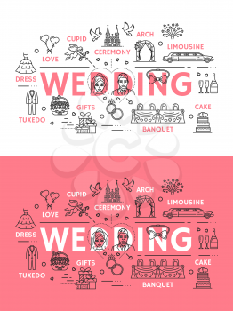 Wedding ceremony or marriage line art poster with outline icons. Cupid with bow and flower arch, limousine and cake, banquet and gifts, tuxedo and dress or gown, love and affection symbols vector